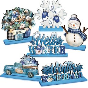 6 Pcs Winter Table Decorations Blue Christmas Table Decor Winter Wonderland Centerpieces Snowflake Snowmen Blue Winter Tabletop Block Signs Winter Office Decor Tiered Tray Home Decor