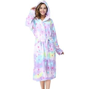 RONGTAI Soft Fleece Hooded Bathrobe for Women, Shawl Collar, Long Length, Side Pockets, Print Design