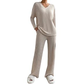 2 piece womens pajama set Long sleeve pjs for women fall set Ribbed Knit Sweater Sleepwear with Side Pockets