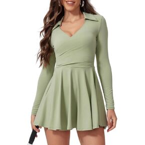 Womens Tennis Dress Polo Collar Long Sleeve A-line Mini Exercise Athletic Dresses with Pockets Shorts