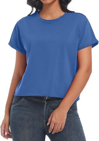 Women's Summer Casual Workout Shirts Loose Fit Basic Short Sleeve Crop Tops Baggy Gym Yoga Athletic Tee in Kuwait