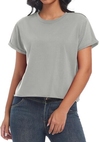 Women's Summer Casual Workout Shirts Loose Fit Basic Short Sleeve Crop Tops Baggy Gym Yoga Athletic Tee in Kuwait
