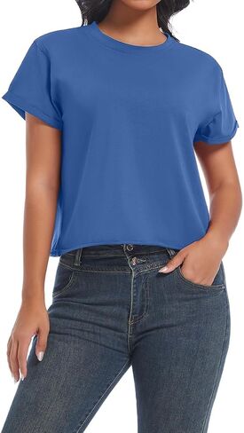Women's Summer Casual Workout Shirts Loose Fit Basic Short Sleeve Crop Tops Baggy Gym Yoga Athletic Tee in Kuwait