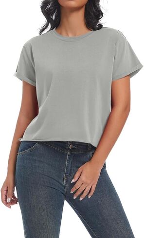 Women's Summer Casual Workout Shirts Loose Fit Basic Short Sleeve Crop Tops Baggy Gym Yoga Athletic Tee in Kuwait
