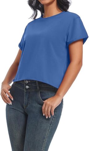 Women's Summer Casual Workout Shirts Loose Fit Basic Short Sleeve Crop Tops Baggy Gym Yoga Athletic Tee in Kuwait