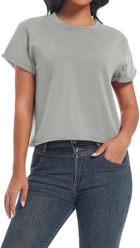 Women's Summer Casual Workout Shirts Loose Fit Basic Short Sleeve Crop Tops Baggy Gym Yoga Athletic Tee in Kuwait
