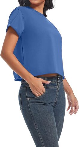 Women's Summer Casual Workout Shirts Loose Fit Basic Short Sleeve Crop Tops Baggy Gym Yoga Athletic Tee in Kuwait
