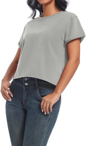 Women's Summer Casual Workout Shirts Loose Fit Basic Short Sleeve Crop Tops Baggy Gym Yoga Athletic Tee in Kuwait
