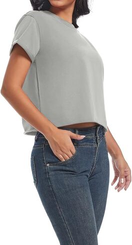 Women's Summer Casual Workout Shirts Loose Fit Basic Short Sleeve Crop Tops Baggy Gym Yoga Athletic Tee in Kuwait