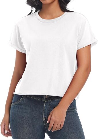 Women's Summer Casual Workout Shirts Loose Fit Basic Short Sleeve Crop Tops Baggy Gym Yoga Athletic Tee in Kuwait