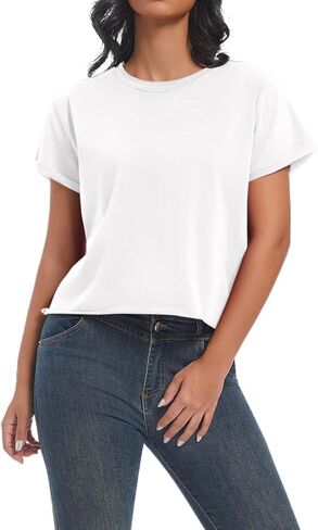 Women's Summer Casual Workout Shirts Loose Fit Basic Short Sleeve Crop Tops Baggy Gym Yoga Athletic Tee in Kuwait