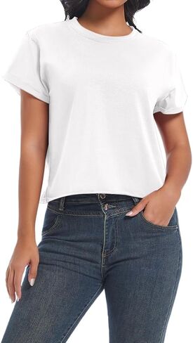 Women's Summer Casual Workout Shirts Loose Fit Basic Short Sleeve Crop Tops Baggy Gym Yoga Athletic Tee in Kuwait