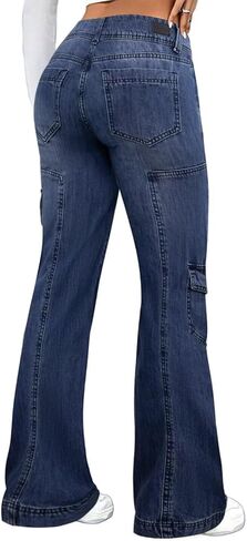 بنطال جينز Flamingals النسائي ذو الجرس السفلي ذو الساق الواسعة لرفع المؤخرة والجيوب المتعددة in Kuwait