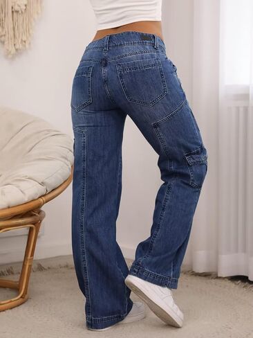 بنطال جينز Flamingals النسائي ذو الجرس السفلي ذو الساق الواسعة لرفع المؤخرة والجيوب المتعددة in Kuwait