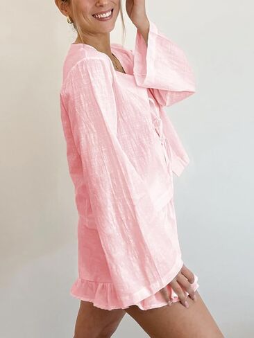Womens Ruffle Pajama Set 2 Piece Long Sleeve Tie Front Shirt and Shorts Soft Cotton Lounge Sets in Kuwait