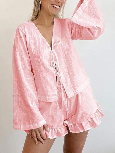 Womens Ruffle Pajama Set 2 Piece Long Sleeve Tie Front Shirt and Shorts Soft Cotton Lounge Sets in Kuwait