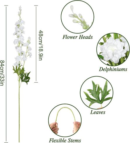 TOCHGREEN 4PCS Delphinium Artificial Flowers White Larkspur Artificial Flowers 33.5'' Long Stem Plant Faux Floral Silk Flowers Fake Flowers with Stems for Home Garden Vase Wedding Arrangement Decor in Saudi Arabia
