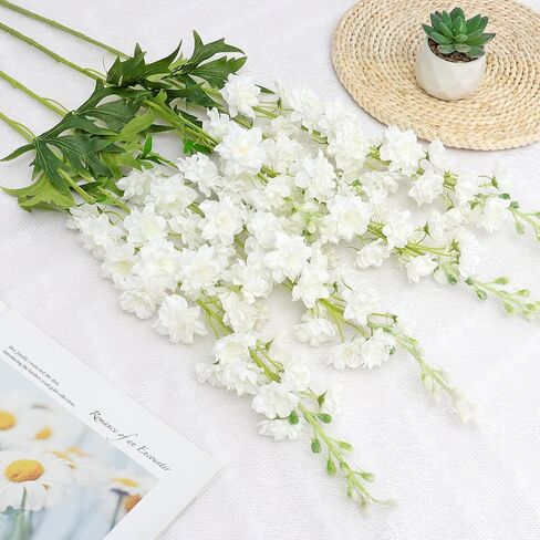 TOCHGREEN 4PCS Delphinium Artificial Flowers White Larkspur Artificial Flowers 33.5'' Long Stem Plant Faux Floral Silk Flowers Fake Flowers with Stems for Home Garden Vase Wedding Arrangement Decor in Saudi Arabia
