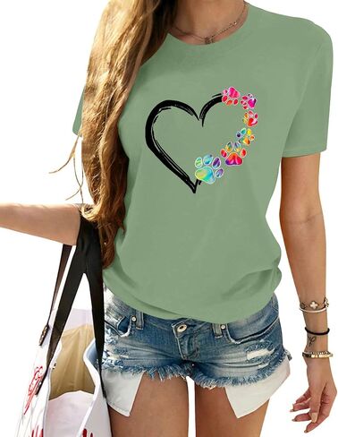 Womens Dog Paw Shirts Summer Short Sleeve Multicolor Heart Graphic Crewneck Loose Cute Dog Paw Print Tops in Saudi Arabia