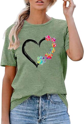 Womens Dog Paw Shirts Summer Short Sleeve Multicolor Heart Graphic Crewneck Loose Cute Dog Paw Print Tops in Saudi Arabia