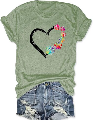Womens Dog Paw Shirts Summer Short Sleeve Multicolor Heart Graphic Crewneck Loose Cute Dog Paw Print Tops in Saudi Arabia