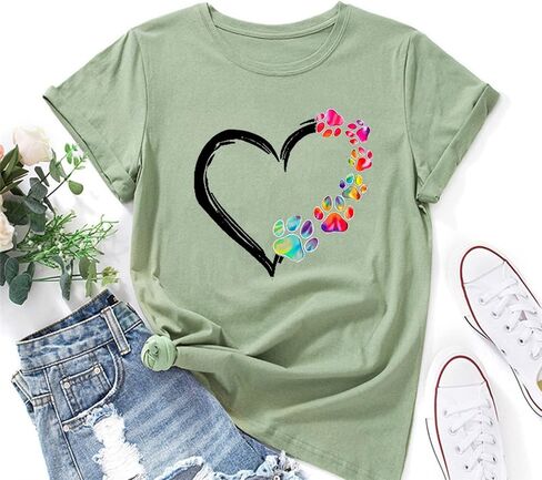 Womens Dog Paw Shirts Summer Short Sleeve Multicolor Heart Graphic Crewneck Loose Cute Dog Paw Print Tops in Saudi Arabia