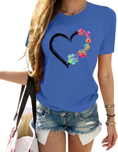 Womens Dog Paw Shirts Summer Short Sleeve Multicolor Heart Graphic Crewneck Loose Cute Dog Paw Print Tops in Saudi Arabia