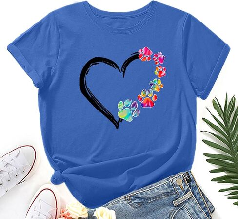 Womens Dog Paw Shirts Summer Short Sleeve Multicolor Heart Graphic Crewneck Loose Cute Dog Paw Print Tops in Saudi Arabia