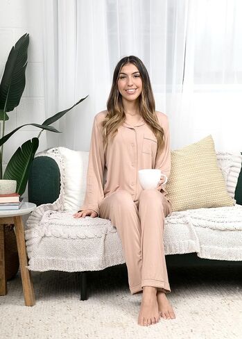 طقم بيجامات ملابس نوم نسائية بأكمام طويلة وأزرار سفلية ملابس نوم ناعمة من Pj Lounge، مقاس 3X-Large، أخضر غامق in Saudi Arabia