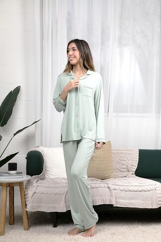 طقم بيجامات ملابس نوم نسائية بأكمام طويلة وأزرار سفلية ملابس نوم ناعمة من Pj Lounge، مقاس 3X-Large، أخضر غامق in Saudi Arabia