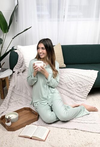 طقم بيجامات ملابس نوم نسائية بأكمام طويلة وأزرار سفلية ملابس نوم ناعمة من Pj Lounge، مقاس 3X-Large، أخضر غامق in Saudi Arabia