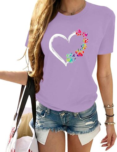 Womens Dog Paw Shirts Summer Short Sleeve Multicolor Heart Graphic Crewneck Loose Cute Dog Paw Print Tops in Saudi Arabia