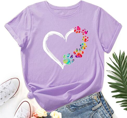 Womens Dog Paw Shirts Summer Short Sleeve Multicolor Heart Graphic Crewneck Loose Cute Dog Paw Print Tops in Saudi Arabia