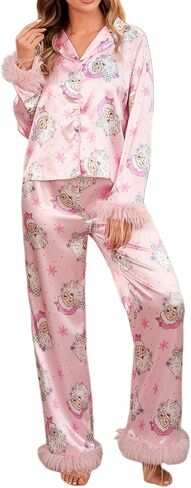 Womens Christmas Silk Satin Pajama Set Santa Claus Print Long Sleeve Sleepwear Button Down Pjs Shorts Set in Saudi Arabia