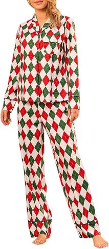 Womens Christmas Silk Satin Pajama Set Santa Claus Print Long Sleeve Sleepwear Button Down Pjs Shorts Set in Saudi Arabia