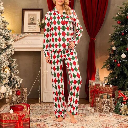 Womens Christmas Silk Satin Pajama Set Santa Claus Print Long Sleeve Sleepwear Button Down Pjs Shorts Set in Saudi Arabia