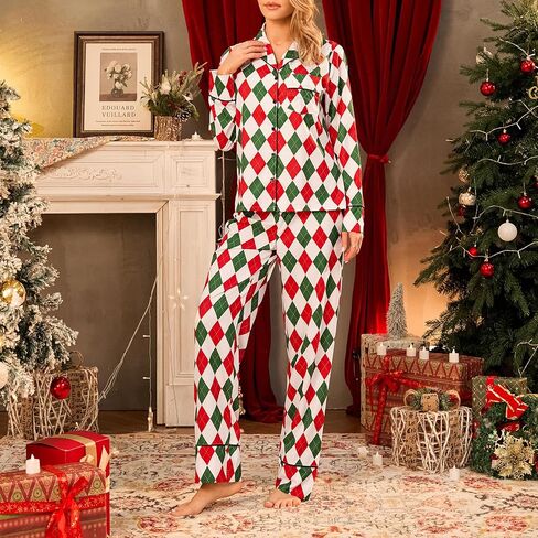 Womens Christmas Silk Satin Pajama Set Santa Claus Print Long Sleeve Sleepwear Button Down Pjs Shorts Set in Saudi Arabia