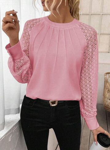 Women's Crochet Lace Long Sleeve Shirt Fashion Pleated Crewneck Loose Blouse Tops in Saudi Arabia