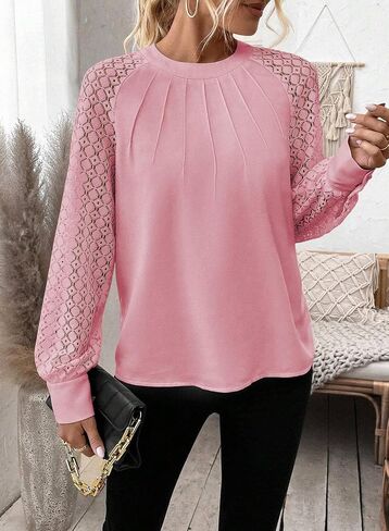 Women's Crochet Lace Long Sleeve Shirt Fashion Pleated Crewneck Loose Blouse Tops in Saudi Arabia