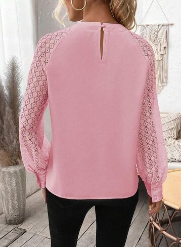 Women's Crochet Lace Long Sleeve Shirt Fashion Pleated Crewneck Loose Blouse Tops in Saudi Arabia