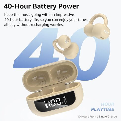 TOZO OpenEarRing True Open Ear Headphones, Lightweight Comfort Open Ear Clip Wireless Earbuds, 40H Play Bluetooth 5.4 Headphones with Smart Digital Display Design Fit Sports Running, Workout Black in Saudi Arabia