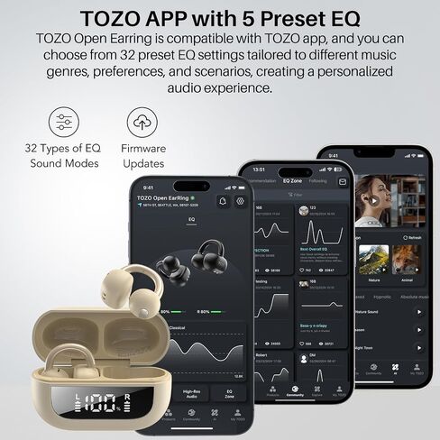 TOZO OpenEarRing True Open Ear Headphones, Lightweight Comfort Open Ear Clip Wireless Earbuds, 40H Play Bluetooth 5.4 Headphones with Smart Digital Display Design Fit Sports Running, Workout Black in Saudi Arabia