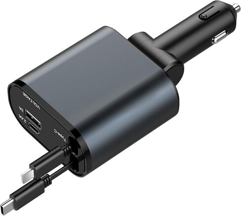 Retractable Car Charger,4 in 1 Fast Car Phone Charger,Car Adapter with Retractable Cables and Dual USB Ports for Galaxy S23,MacBook Pro,iPad Air,and More Smartphones (Dark Gray) in Saudi Arabia