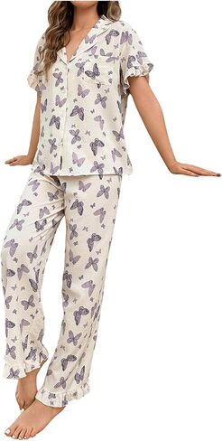 WDIRARA Women's Two Piece Butterfly Print Pajama Set Ruffled Lapel Button Down Sleepwear in Saudi Arabia