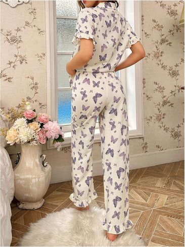 WDIRARA Women's Two Piece Butterfly Print Pajama Set Ruffled Lapel Button Down Sleepwear in Saudi Arabia