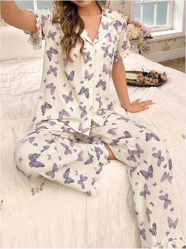 WDIRARA Women's Two Piece Butterfly Print Pajama Set Ruffled Lapel Button Down Sleepwear in Saudi Arabia