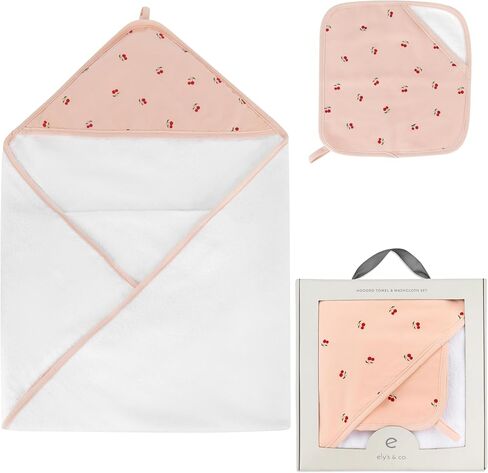 Ely's & Co. Baby Hooded Towel & Wash Cloth Set, Blue Cherry, Thick Absorbent 100% Cotton Terry in Kuwait
