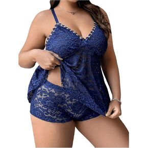 Women's Plus Size 2 Piece Lingerie Set Lace Sheer Mesh V Neck Chemise Nightwear with Boyshorts