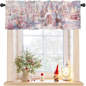 Christmas Curtain Valance for Windows Pink Gingerbread House Rod Pocket Valance Window Treatments Candy Cloud Snowflake Short Curtains for Kitchen Windows Bathroom Bedroom 54x18in