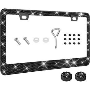 Bling License Plate Frame for Women, Car Plate Frame, Sparkly Rhinestone Stainless Steel License Plate Holder, License Plate Protector Car Accessories with Crystal Caps Fit Cars (Leopard print)